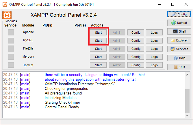 XAMPP control panel