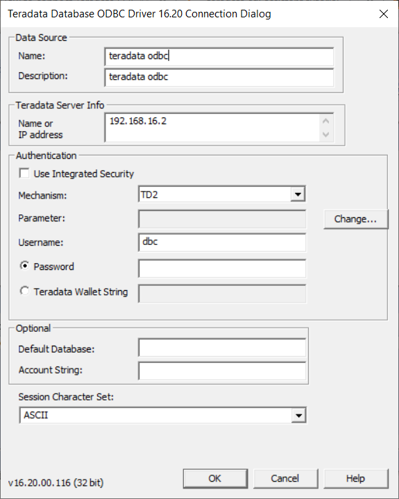 Teradata odbc driver connecting dialog